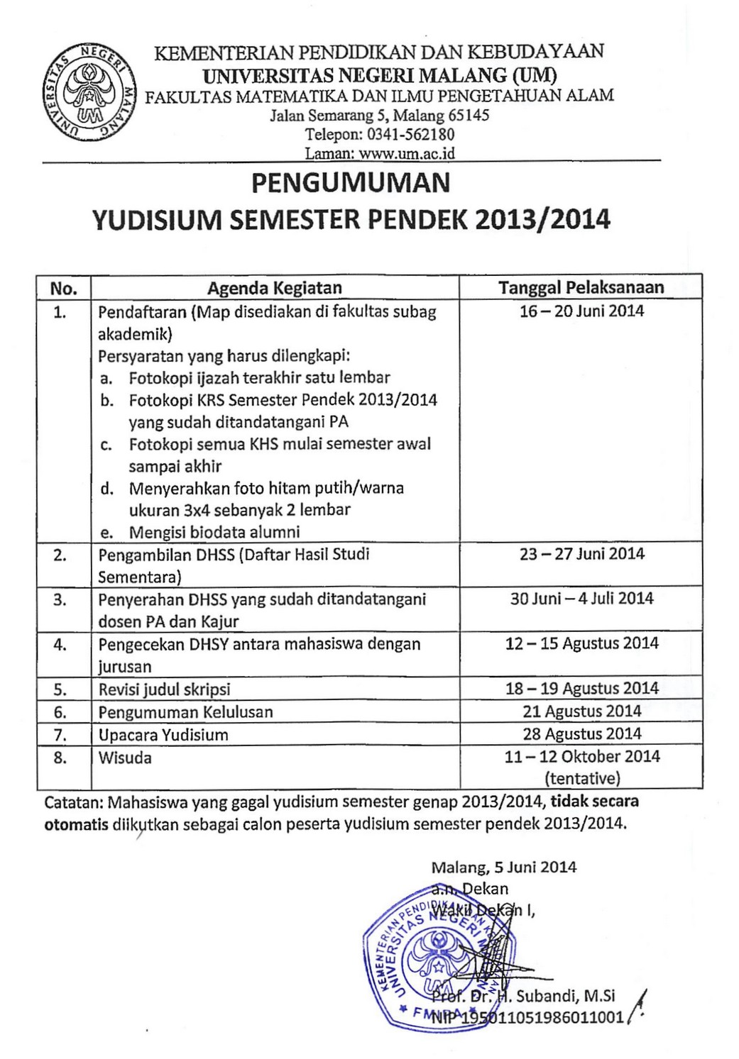Pengumuman Yudisium SP 2013-2014 edit