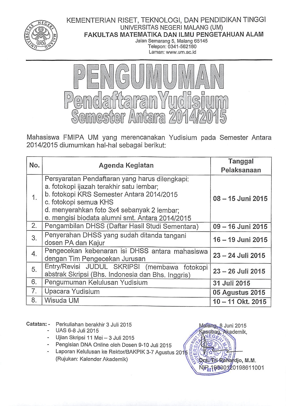 Pengumuman Yudisium Semester Antara 2014-2015