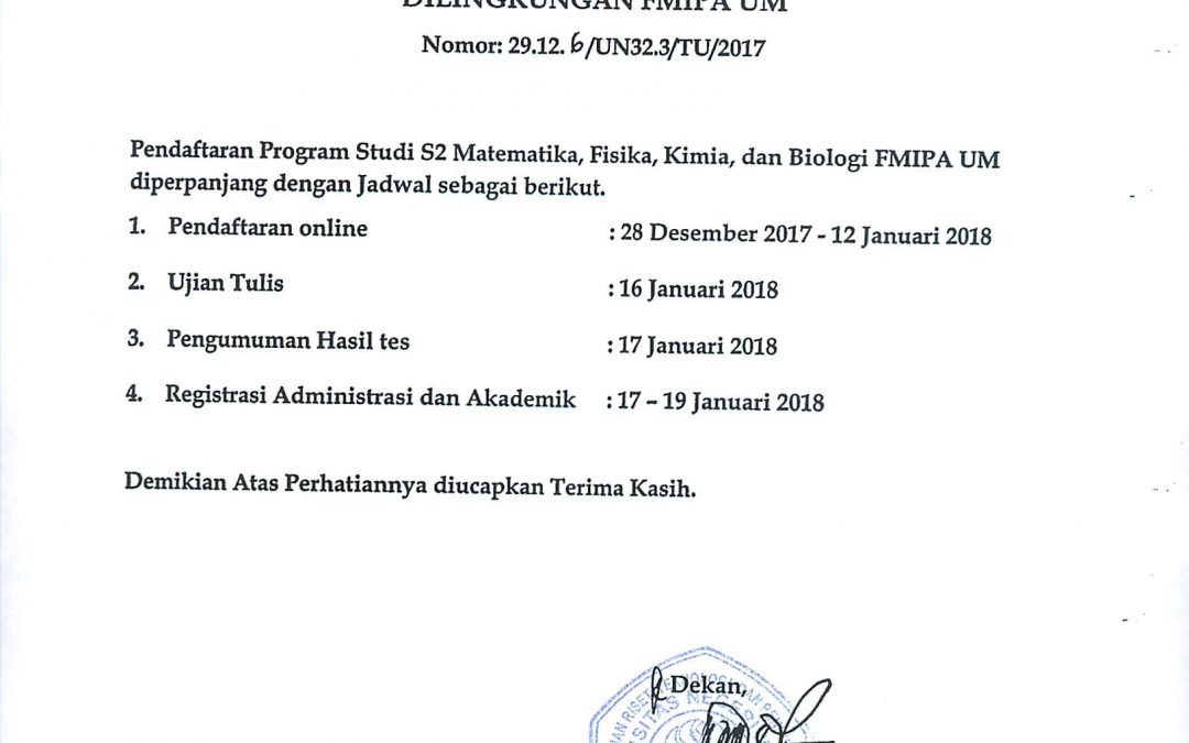 Perpanjangan Pendaftaran Prodi S2 di Lingkungan FMIPA UM