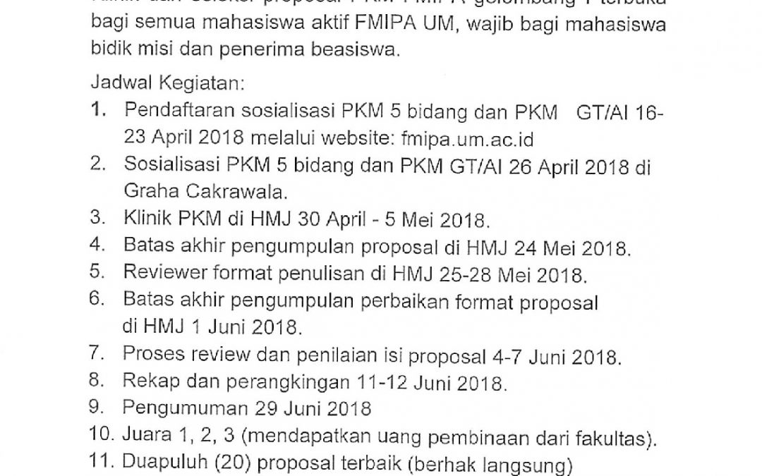 Pendaftaran Sosialisasi PKM 5 Bidang dan PKM GT/AI Pendanaan 2019