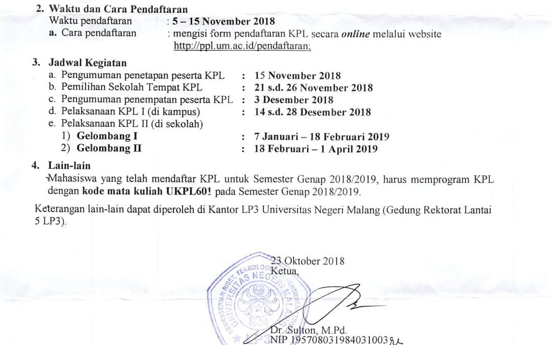 Pendaftaran Kajian dan Praktik Lapangan (KPL) Semester Genap 2018/2019