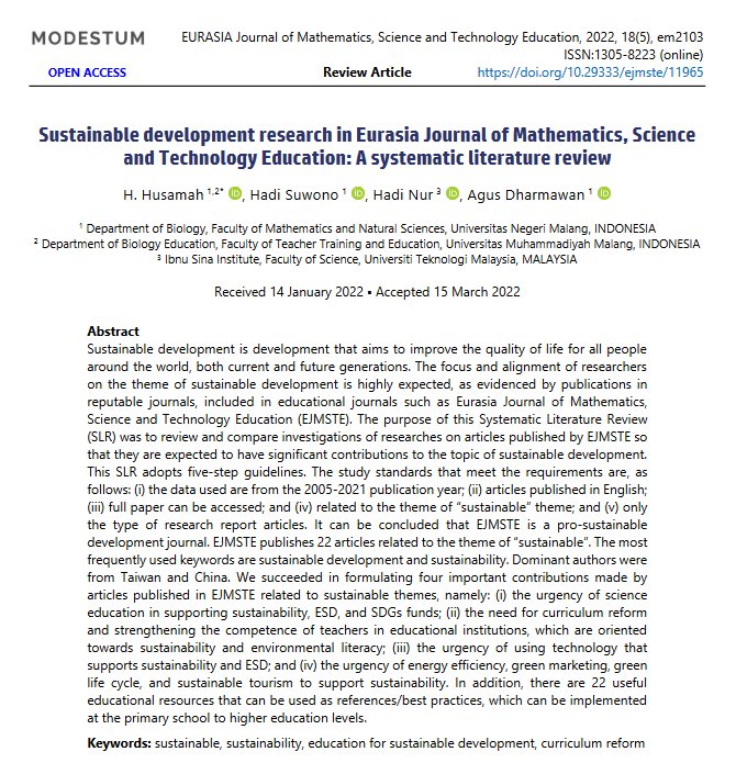 Sustainable development research in Eurasia Journal of Mathematics, Science and Technology Education: A systematic literature review