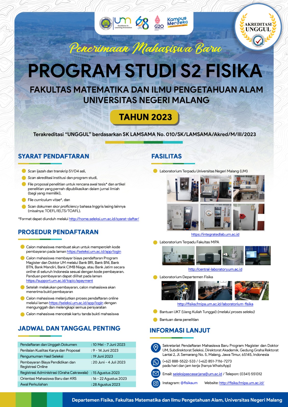 Pengumuman Penerimaan Mahasiswa Baru Program Sudi S2 Fisika FMIPA Universitas Negeri Malang Tahun 2023