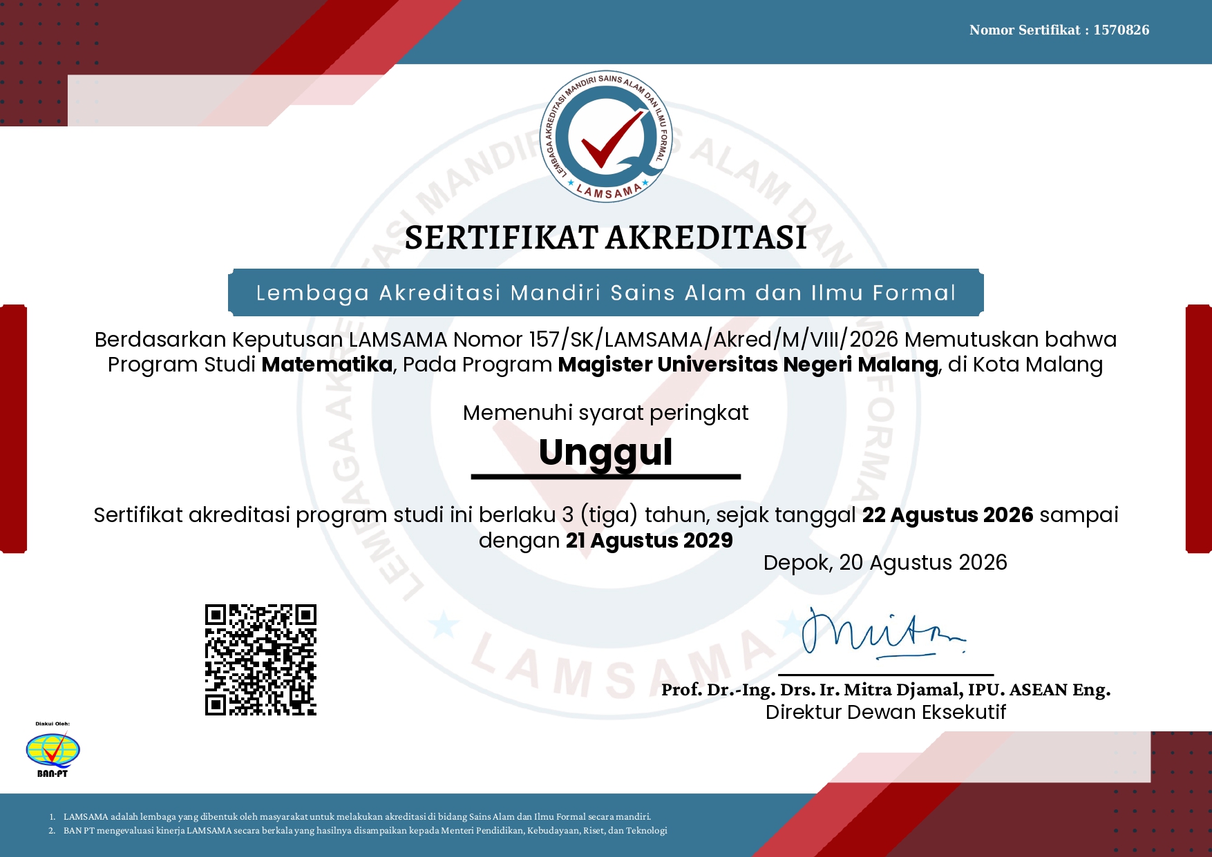 Program Studi Magister Matematika FMIPA UM Mendapatkan Predikat Unggul dari Lamsama